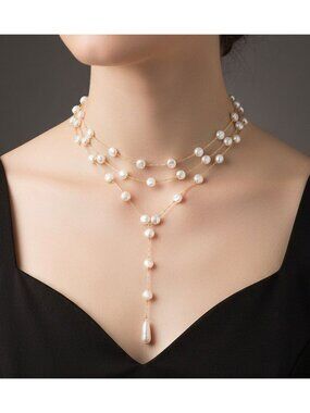 Tigerstars Elegant Multi-Layer Pearly Drop Choker Necklace